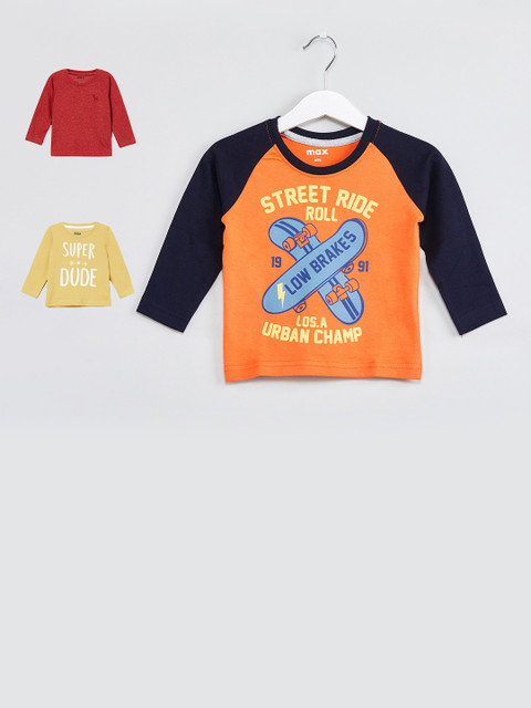

max Boys Pack Of 3 Printed Round Neck T-shirt, Orange
