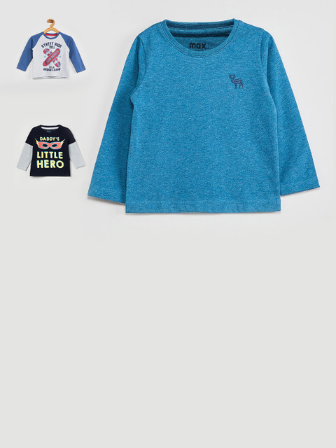 

max Boys Pack Of 3 Printed Round Neck Cotton T-shirt, Blue