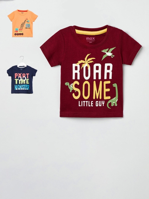 

max Boys Pack Of 3 Printed Round Neck T-shirts, Burgundy