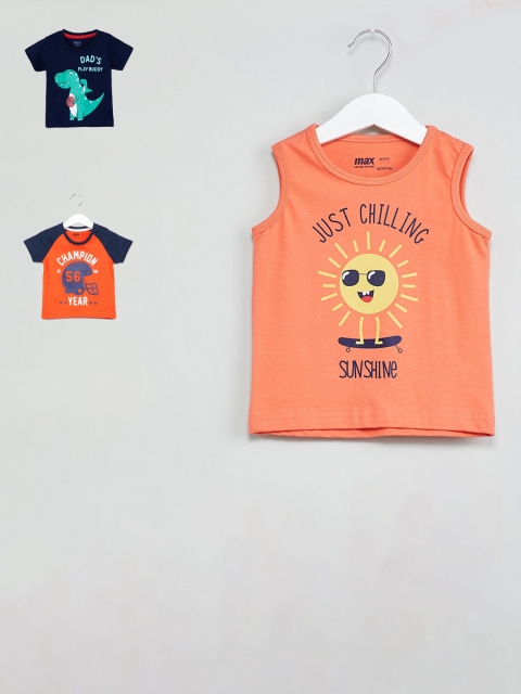 

max Boys Pack Of 3 Printed Round Neck Cotton T-shirt, Coral