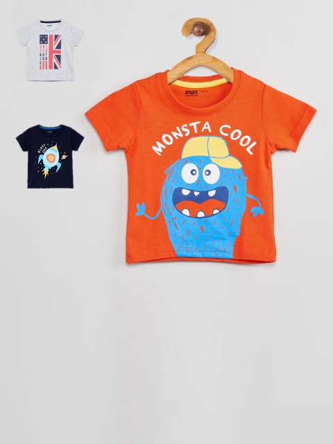 

max Boys Pack Of 3 Printed Round Neck Cotton T-shirt, Orange