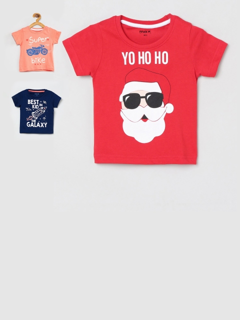 

max Girls Red & Navy Blue Set of 3 Printed Round Neck T-shirt