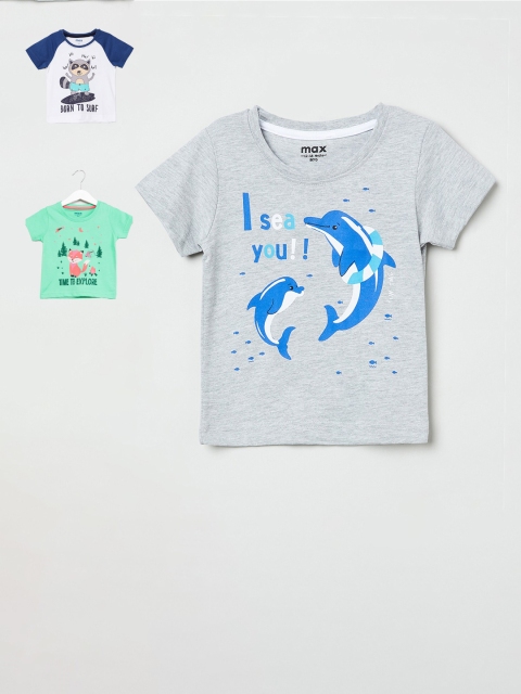 

max Boys Pack Of 3 Printed Pure Cotton T-shirts, Grey melange