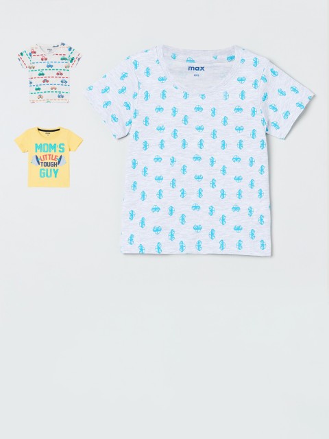 

max Boys Pack Of 3 Printed Round Neck Cotton T-shirt, Grey melange