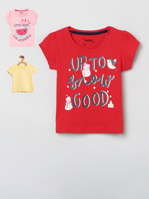 

max Girls Pack Of 3 Printed Round Neck Cotton T-shirt, Red