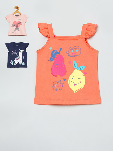 

max Girls Navy Blue & Coral Set of 3 Printed Tshirt