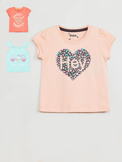

max Girls Pack Of 3 Printed Round Neck T-shirts, Peach