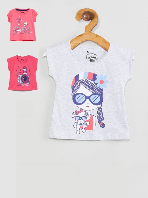 

max Girls Pack Of 3 Printed Round Neck Cotton T-shirt, Grey