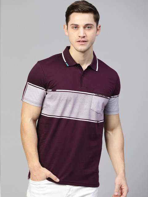 

Allen Solly Men Burgundy & Grey Striped Polo Collar T-shirt