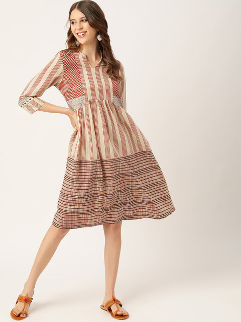 

Taavi Women Beige & Maroon Bagru Handcraft Geometric Print A-Line Dress with Gathers