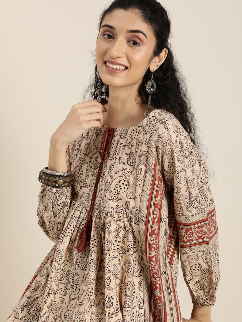 

Taavi Women Beige Bagru Hand Block Printed A-line Sustainable Dress With Pockets