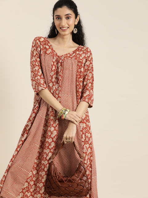 

Taavi Women Maroon & Beige Bagru Hand Block Print Kurta With Pleated Detail