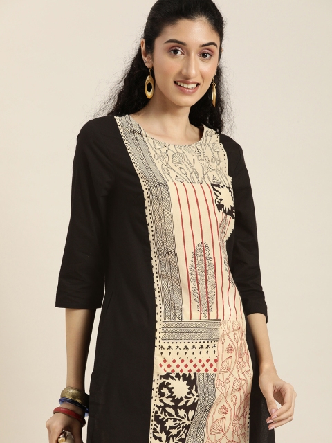 

Taavi Women Black & Beige Pure Cotton Bagru Print Sustainable Panelled Kurta