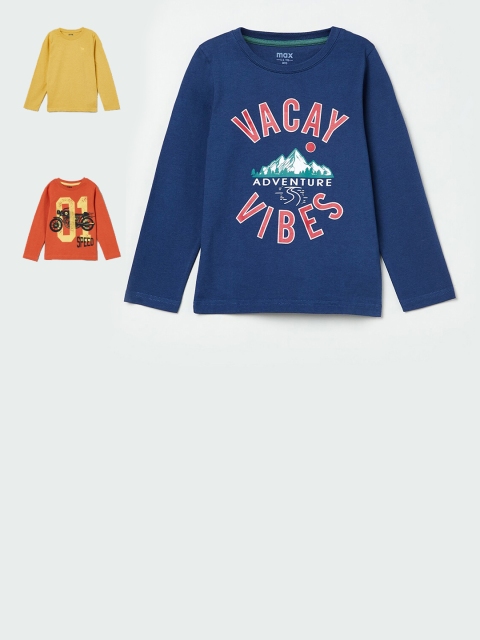 

max Boys Pack Of 3 Printed Round Neck Cotton T-shirt, Navy blue