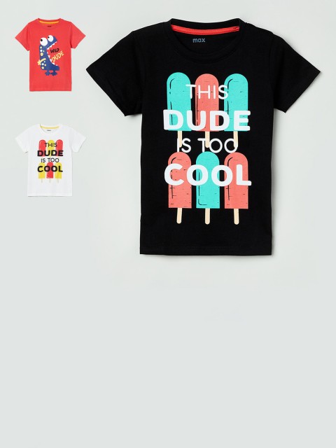 

max Boys Pack Of 3 Printed Round Neck T-shirt, Black