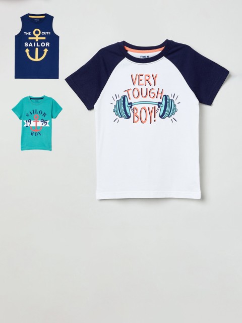 

max Boys Pack Of 3 Printed Round Neck Cotton T-shirt, White
