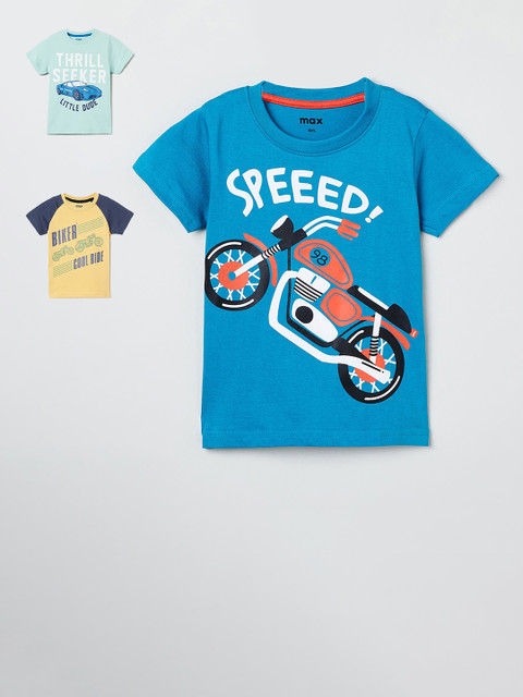 

max Boys Pack Of 3 Printed Round Neck T-Shirts, Blue