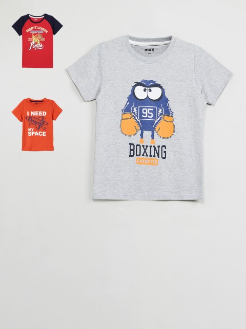 

max Girls Grey & Orange Set of 3 Printed Tshirt