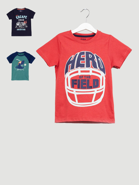 

max Boys Pack Of 3 Printed Round Neck Cotton T-shirt, Green