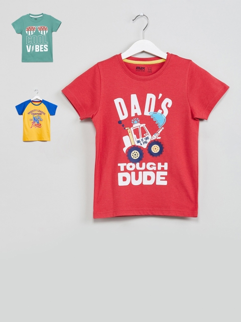 

max Boys Pack Of 3 Printed Round Neck Cotton T-shirt, Red