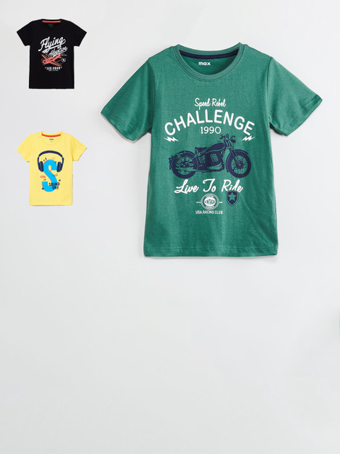 

max Boys Pack Of 3 Printed Round Neck T-shirts, Green