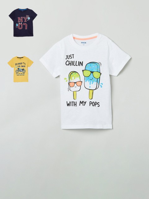 

max Boys Pack Of 3 Printed Pure Cotton T-shirts, White