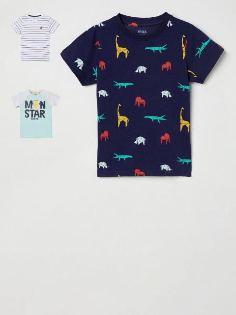 

max Boys Pack Of 3 Printed Round Neck T-shirts, Navy blue