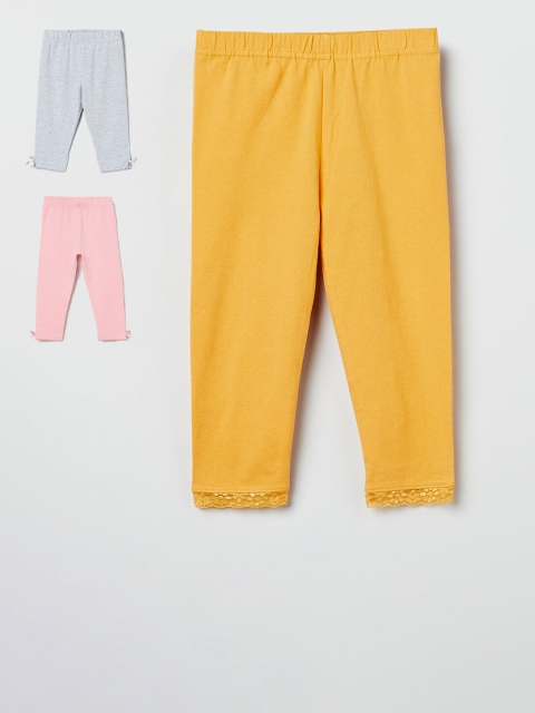 

max Girls Pack Of 3 Mustard Yellow & Pink Solid Leggings