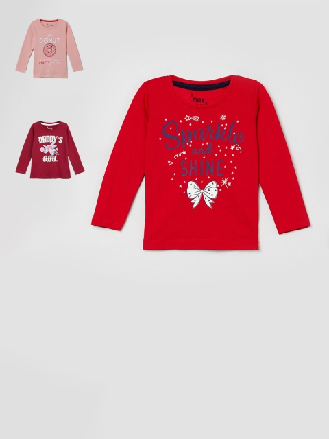 

max Girls Pack Of 3 Printed Round Neck T-shirt, Red