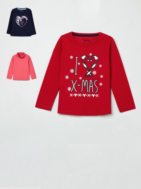 

max Girls Red & Navy Blue Set of 3 Printed Tshirt