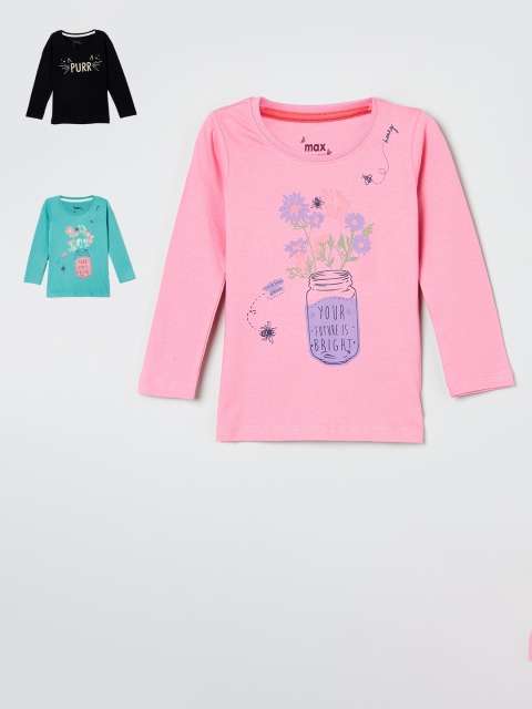 

max Girls Pack Of 3 Printed Round Neck Cotton T-shirt, Pink