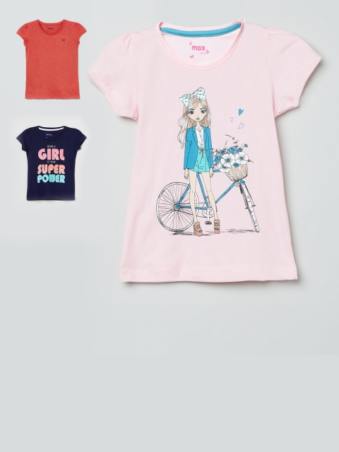

max Girls Pink & Navy Blue Set of 3 Printed Tshirt