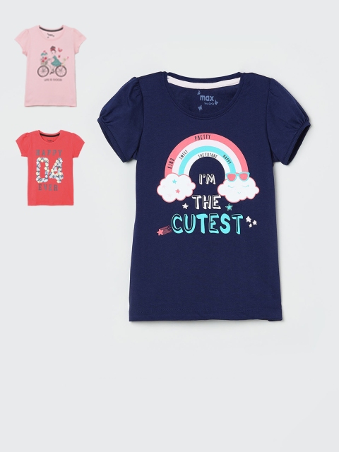 

max Girls Pack Of 3 Printed Round Neck T-Shirts, Navy blue