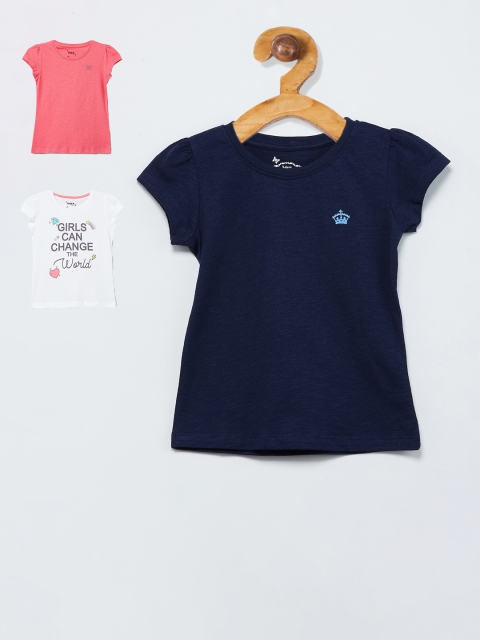 

max Girls Pack Of 3 Printed Round Neck Cotton T-shirt, Navy blue