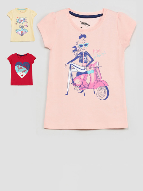 

max Girls Pack Of 3 Printed Round Neck T-shirts, Peach