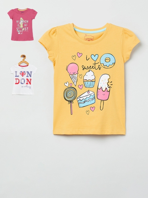 

max Girls Pack Of 3 Printed Round Neck Cotton T-shirt, Yellow