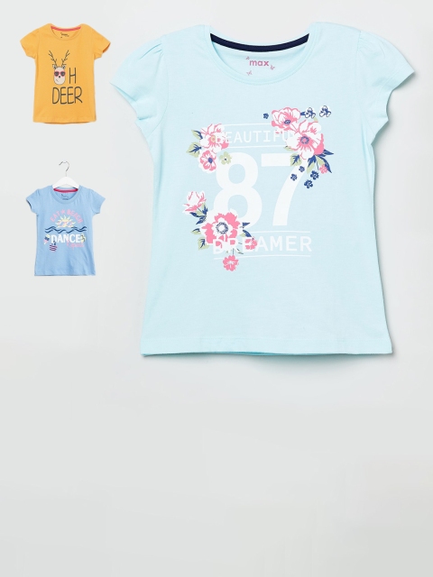 

max Girls Pack Of 3 Printed Round Neck T-Shirts, Blue