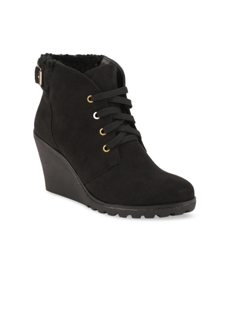 

Bruno Manetti Women Black Solid Mid-Top Heeled Suede Boots