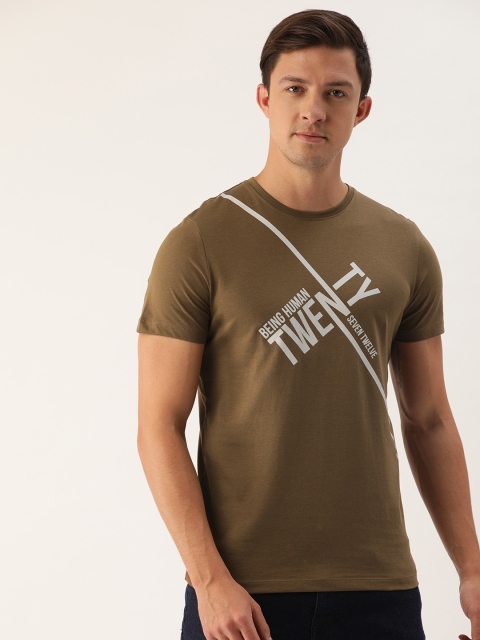 

Being Human Men Brown Brand Logo Printed Round Neck Pure Cotton T-shirt