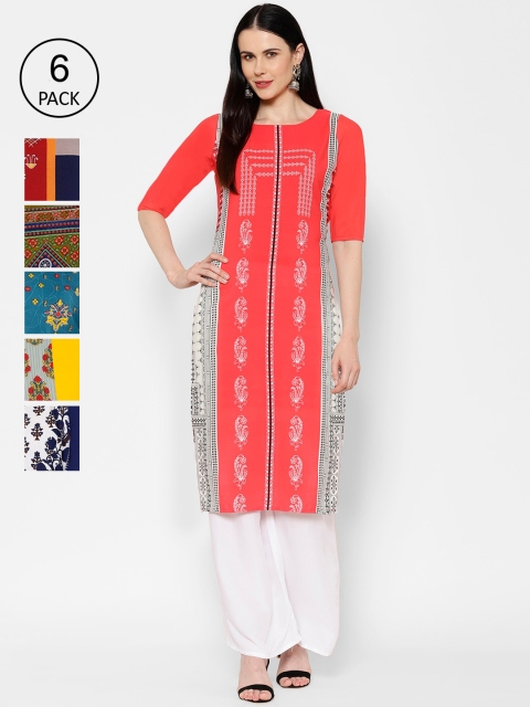 

7Threads Women Pack Of 6 Printed Straight Kurtas, Pink