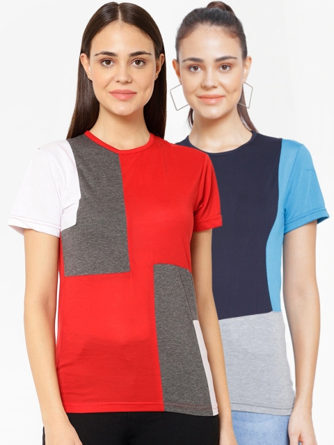 VIMAL JONNEY Women Multicoloured Solid Round Neck T-shirt, Multi