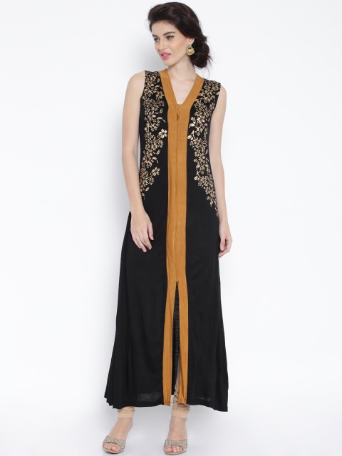 

Ira Soleil Black Floral Print A-Line Kurta