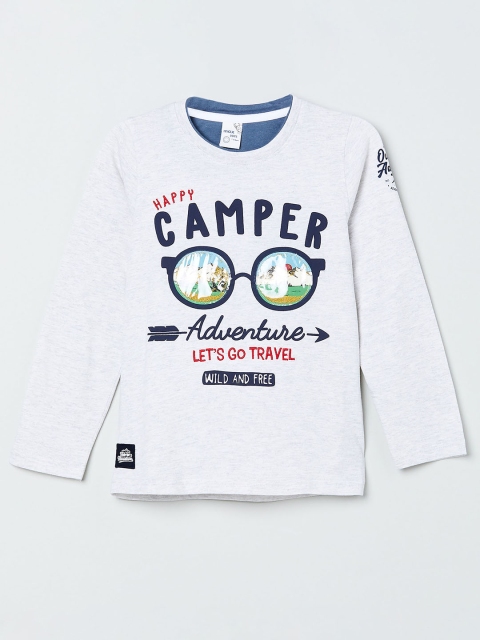 

max Boys White & Navy Blue Printed Round Neck T-shirt