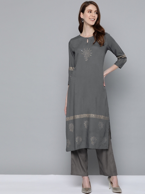 

HERE&NOW Women Grey & Gold-Toned Printed Kurta with Palazzos