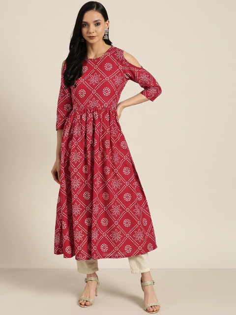

Moda Rapido Women Red & White Pure Cotton Bandhani Print Cold-Shoulder A-Line Kurta