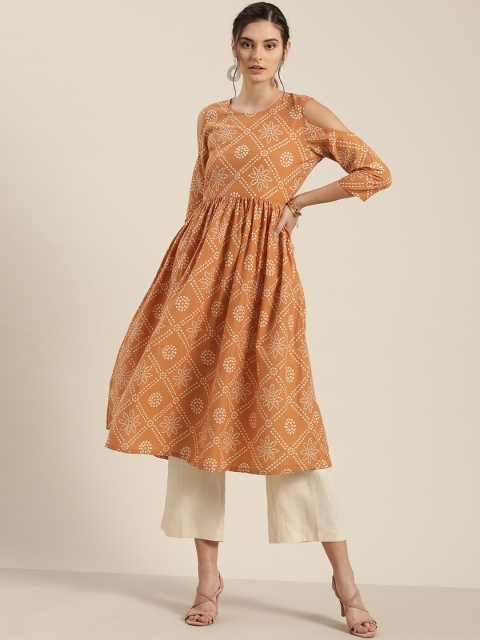 

Moda Rapido Women Brown Pure Cotton Bandhani Print Cold-Shoulder A-Line Kurta