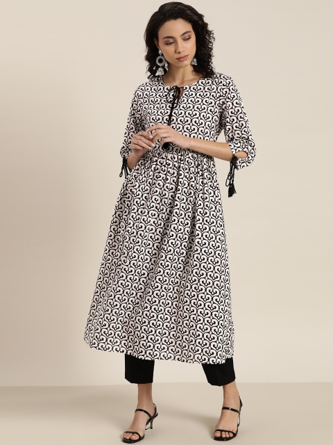 

Moda Rapido Women White & Black Pure Cotton Printed A-Line Kurta