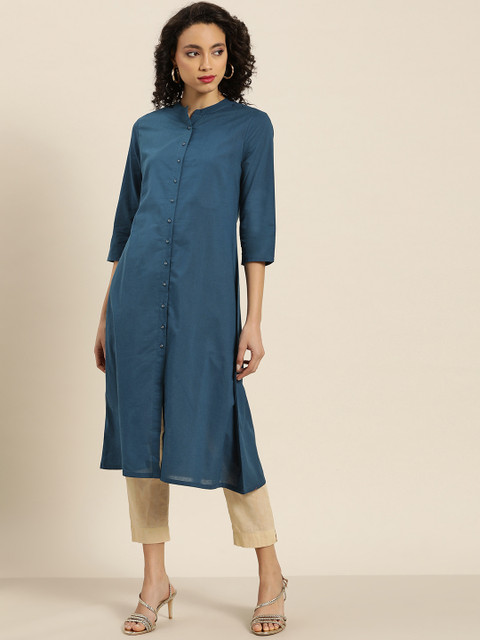 

Moda Rapido Women Teal Blue Pure Cotton Solid A-Line Kurta