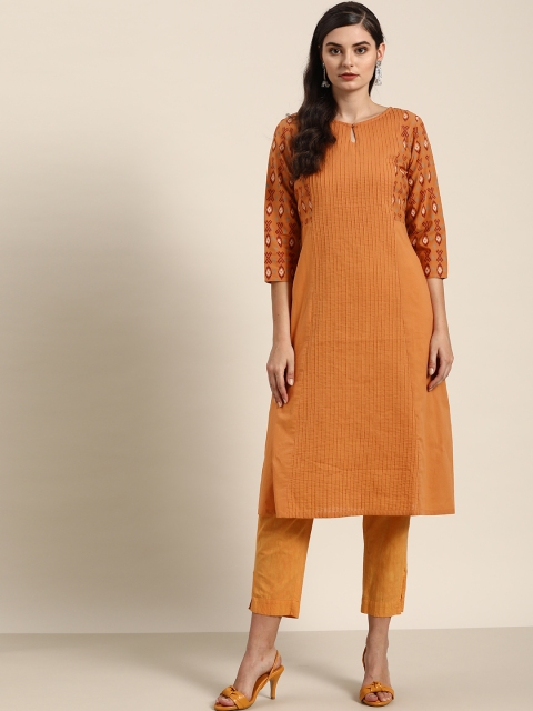 

Moda Rapido Women Rust Brown Solid Pin Tuck Pleated Keyhole Neck Kurta