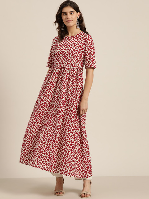 

Moda Rapido Women Maroon & White Pure Cotton Printed A-Line Kurta